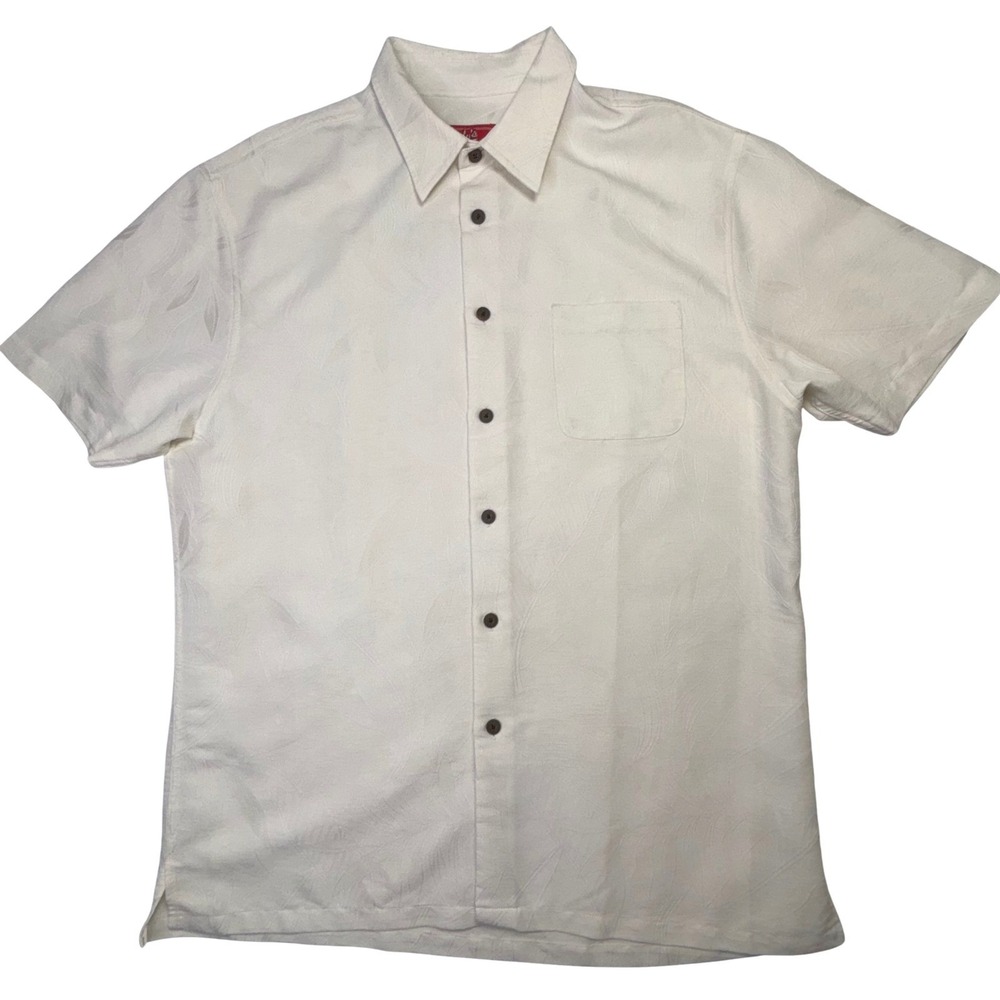 Woodie's Retro Lounge Mens XL Ivory Jacquard‎ Leaf Button Up Hawaiian Camp Shirt